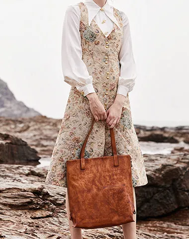 Best Brown Leather Womens Vertical Totes Handbag Handmade Vintage Tote Shoulder Purse for Ladies