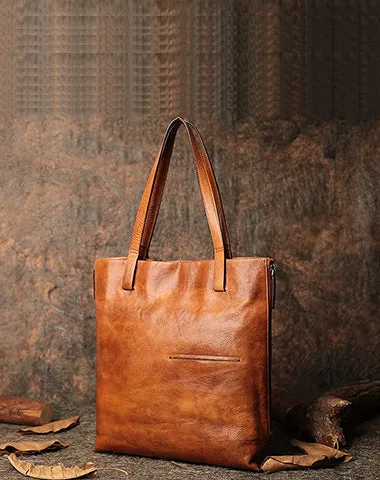 Best Brown Leather Womens Vertical Totes Handbag Handmade Vintage Tote Shoulder Purse for Ladies