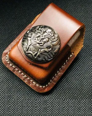 Brown Handmade Leather Mens Chinese Lion Zippo Lighter Holders Lighter Case For Men