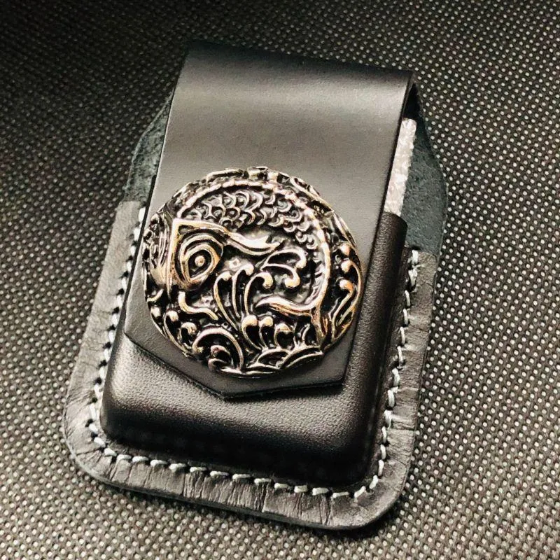Brown Handmade Leather Mens Chinese Lion Zippo Lighter Holders Lighter Case For Men