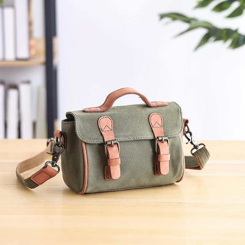 Canvas Leather Womens Green handbag Side Bag Khaki Messenger Bag Small Shoulder Bag For Men