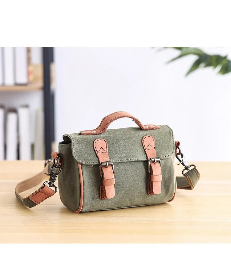 Canvas Leather Womens Green handbag Side Bag Khaki Messenger Bag Small Shoulder Bag For Men