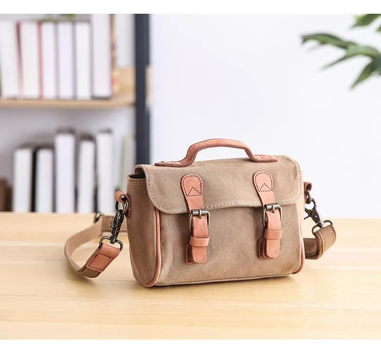 Canvas Leather Womens Green handbag Side Bag Khaki Messenger Bag Small Shoulder Bag For Men