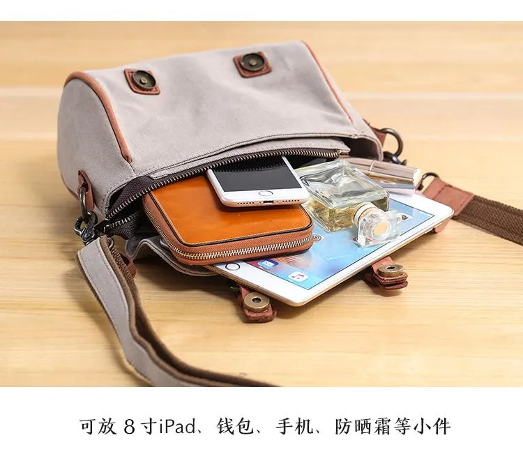 Canvas Leather Womens Green handbag Side Bag Khaki Messenger Bag Small Shoulder Bag For Men