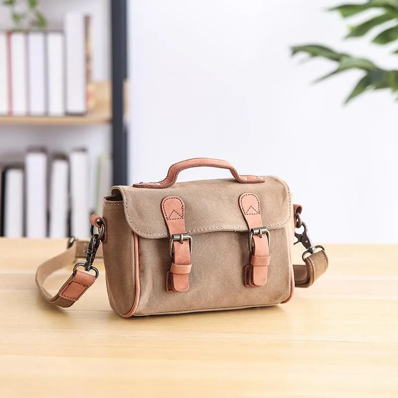 Canvas Leather Womens Green handbag Side Bag Khaki Messenger Bag Small Shoulder Bag For Men