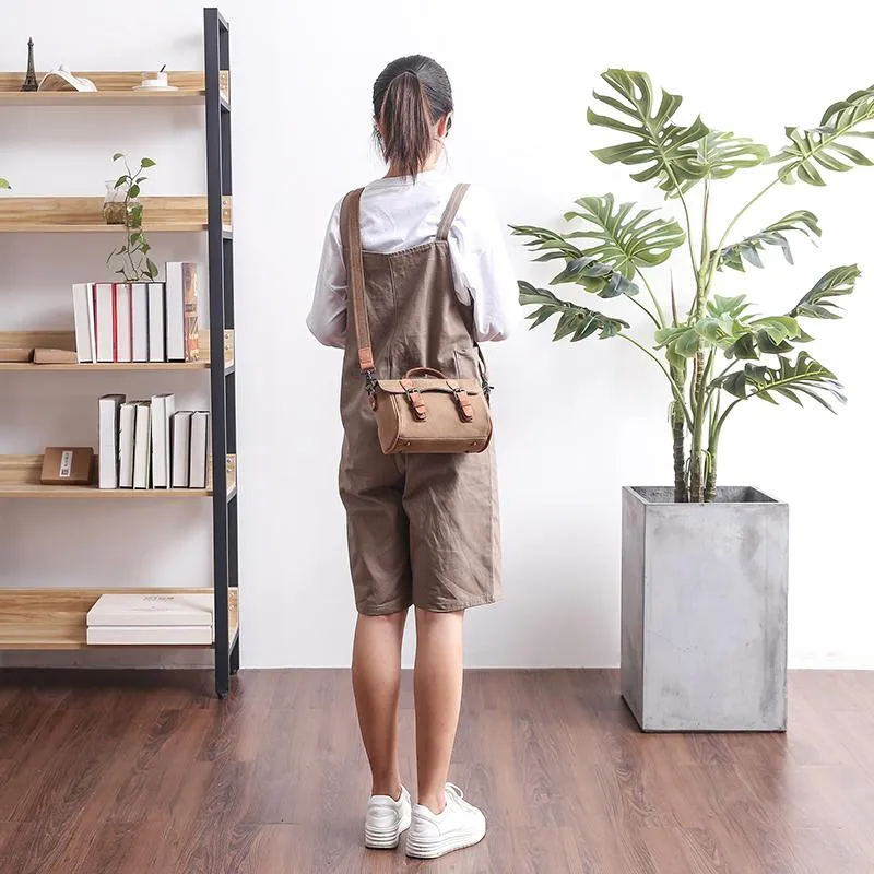 Canvas Leather Womens Green handbag Side Bag Khaki Messenger Bag Small Shoulder Bag For Men