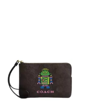 Coach Cosmic Coach Corner Zip Wristlet In Signature Canvas With Robot Print