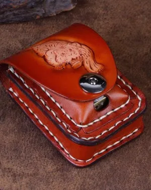 Cool Leather Mens Engraved Tiger Cigarette Holder Case lighter Holder for Men