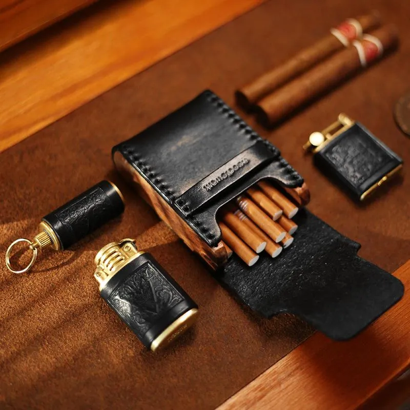 Cool Wooden Black Leather Mens Cigarette Case Custom Cigarette Holder for Men