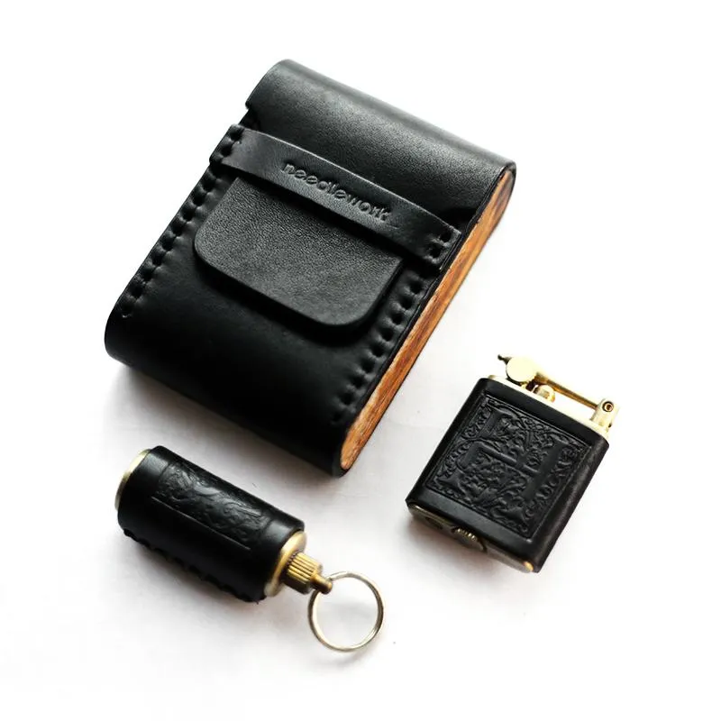 Cool Wooden Black Leather Mens Cigarette Case Custom Cigarette Holder for Men