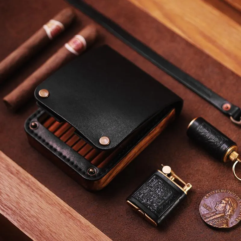 Cool Wooden Black Leather Mens Cigarette Case Custom Cigarette Holder for Men