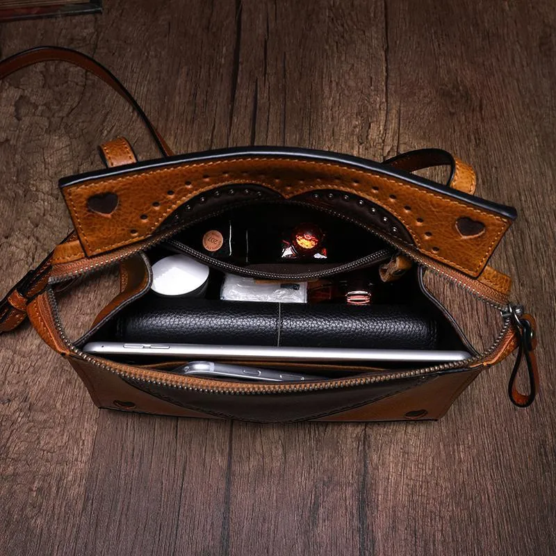 Cute Coffee WOmens Leather Heart Satchel Bags Brown Leather Shoulder Bag Purse for Ladies