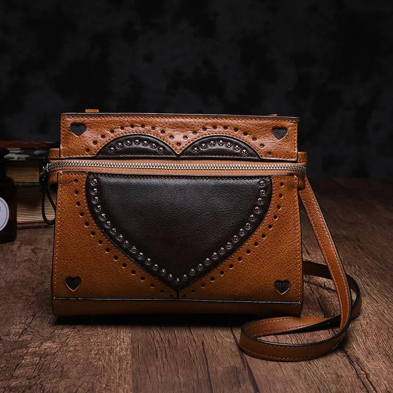 Cute Coffee WOmens Leather Heart Satchel Bags Brown Leather Shoulder Bag Purse for Ladies