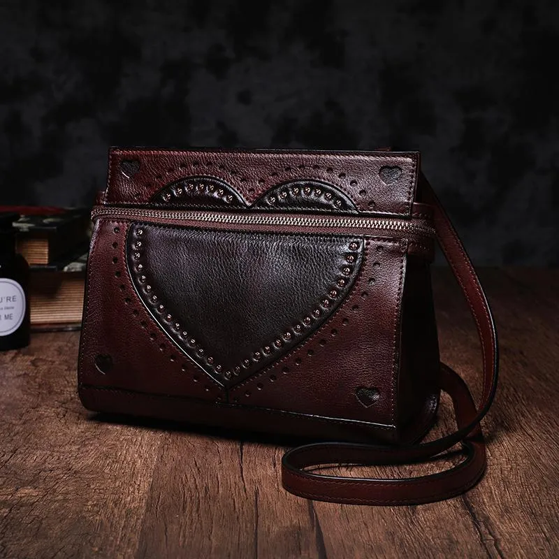 Cute Coffee WOmens Leather Heart Satchel Bags Brown Leather Shoulder Bag Purse for Ladies