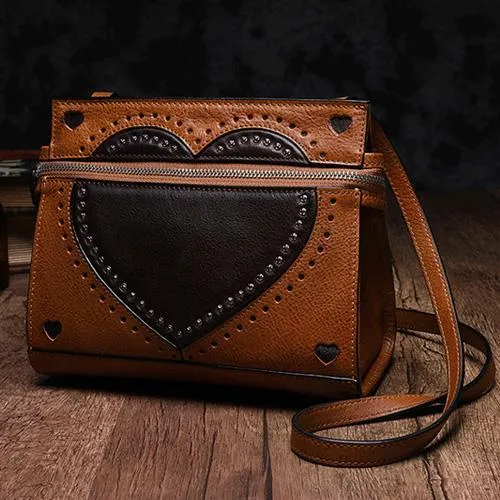 Cute Coffee WOmens Leather Heart Satchel Bags Brown Leather Shoulder Bag Purse for Ladies