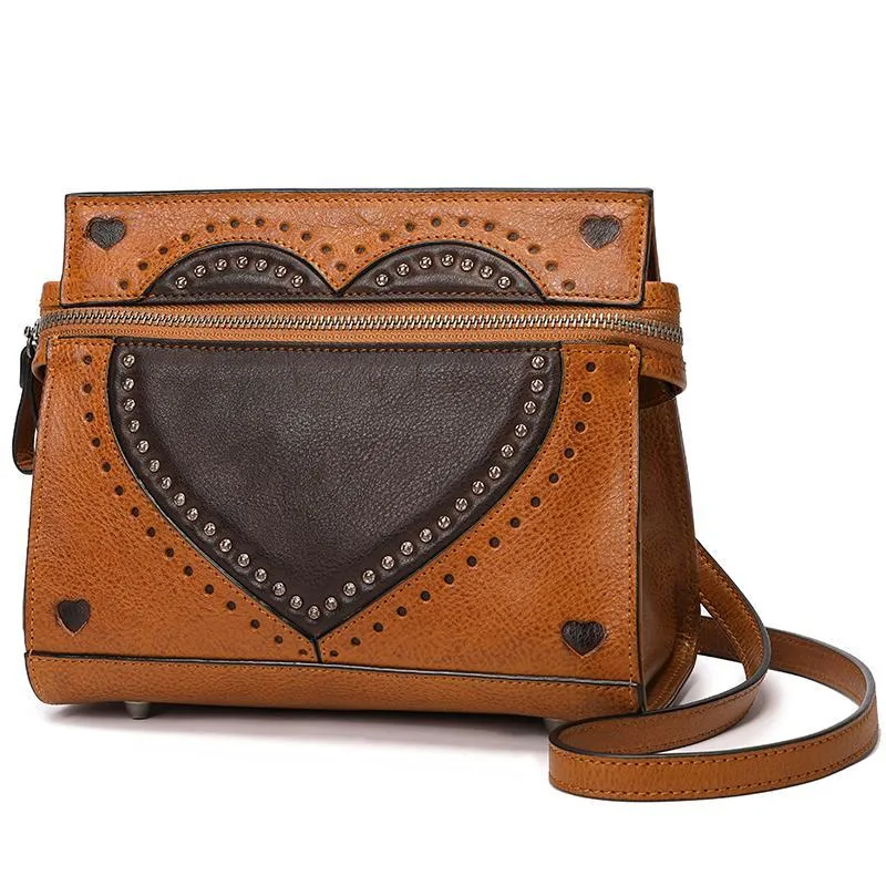 Cute Coffee WOmens Leather Heart Satchel Bags Brown Leather Shoulder Bag Purse for Ladies