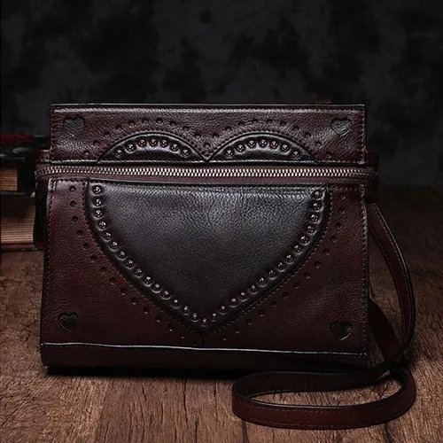 Cute Coffee WOmens Leather Heart Satchel Bags Brown Leather Shoulder Bag Purse for Ladies
