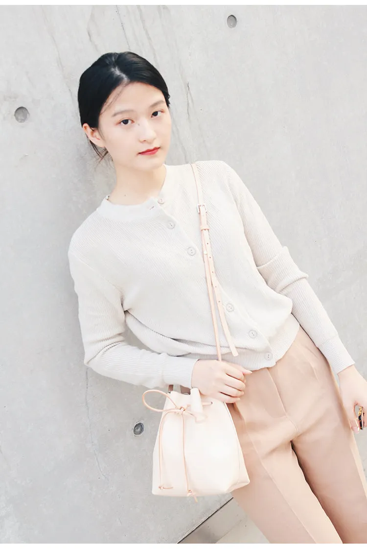 Cute LEATHER Beige Bucket Bag WOMENs SHOULDER BAG Purses FOR WOMEN