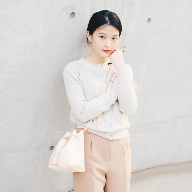 Cute LEATHER Beige Bucket Bag WOMENs SHOULDER BAG Purses FOR WOMEN