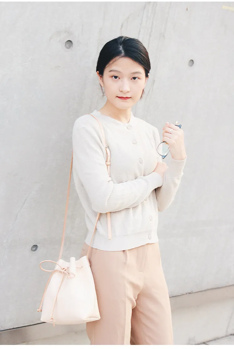 Cute LEATHER Beige Bucket Bag WOMENs SHOULDER BAG Purses FOR WOMEN
