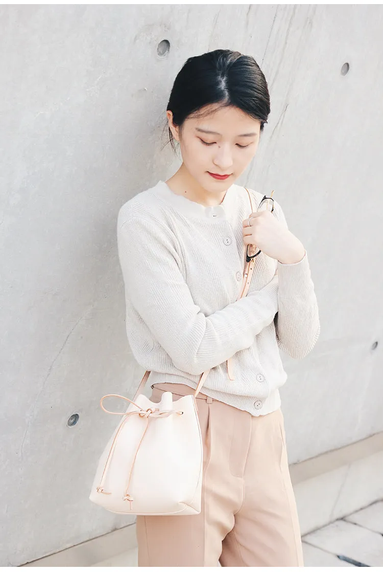 Cute LEATHER Beige Bucket Bag WOMENs SHOULDER BAG Purses FOR WOMEN