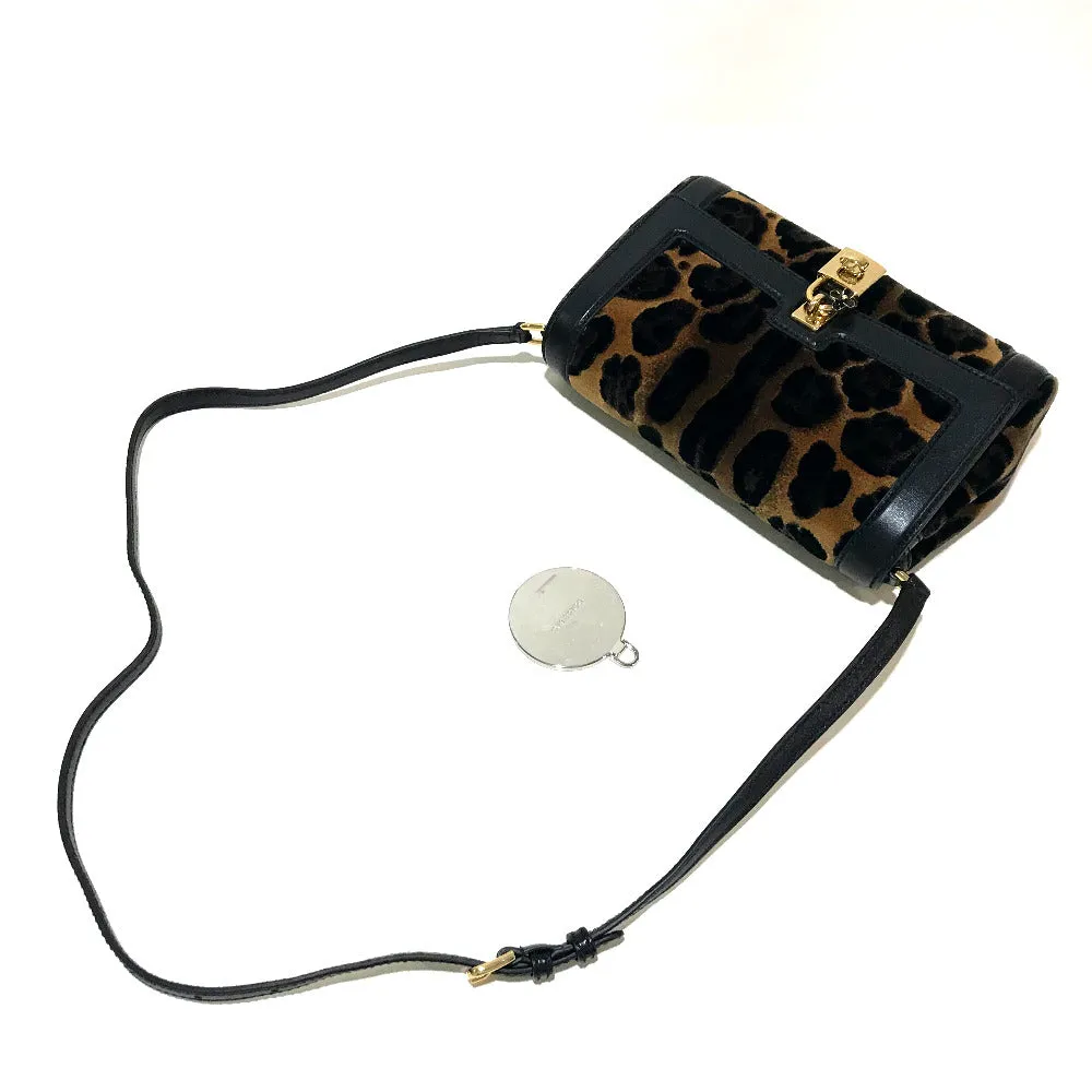 DOLCE&GABBANA Shoulder Bag Velvet / leather Black x brown Leopard print Leopard Flower Rock Metal Women Used