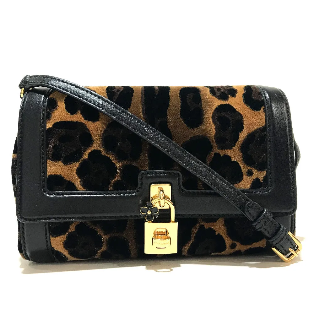DOLCE&GABBANA Shoulder Bag Velvet / leather Black x brown Leopard print Leopard Flower Rock Metal Women Used