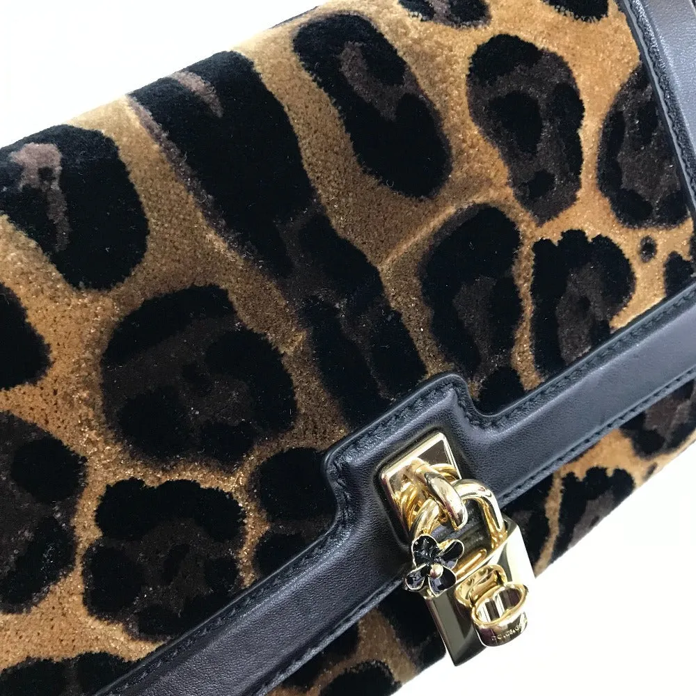 DOLCE&GABBANA Shoulder Bag Velvet / leather Black x brown Leopard print Leopard Flower Rock Metal Women Used