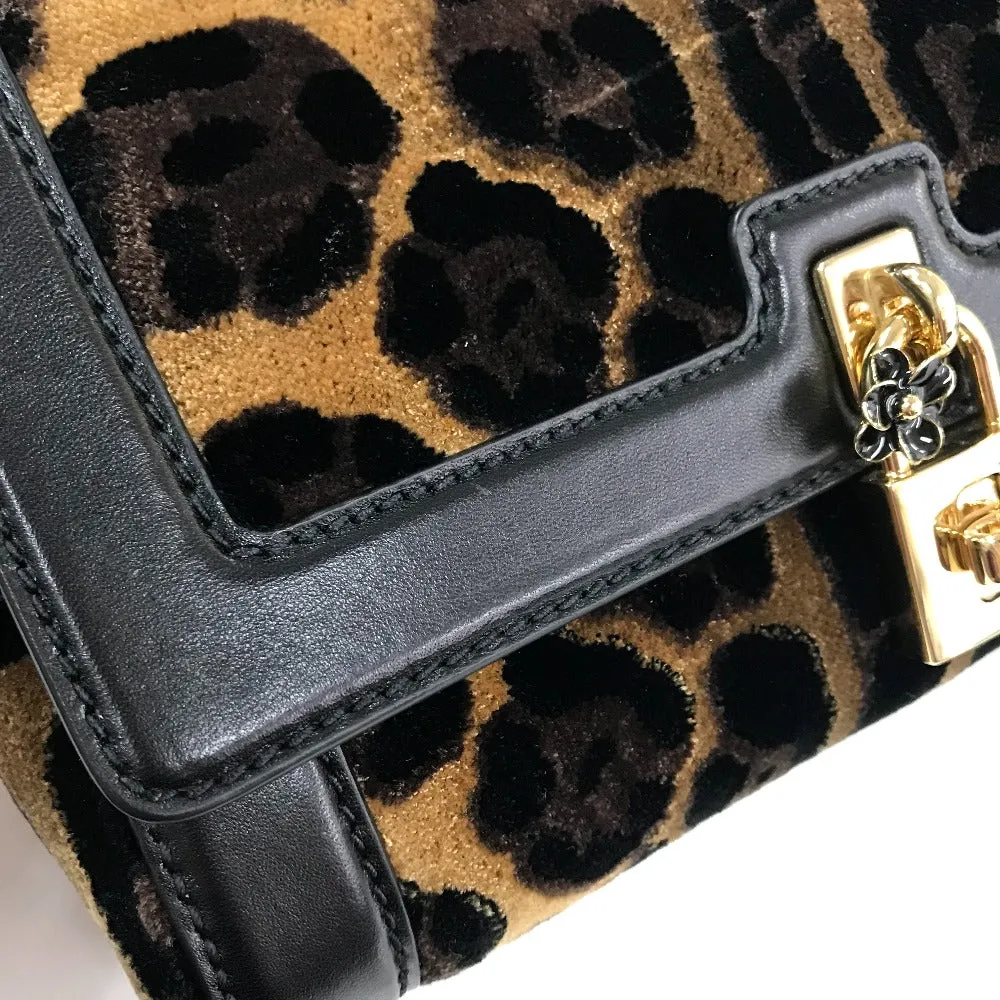 DOLCE&GABBANA Shoulder Bag Velvet / leather Black x brown Leopard print Leopard Flower Rock Metal Women Used