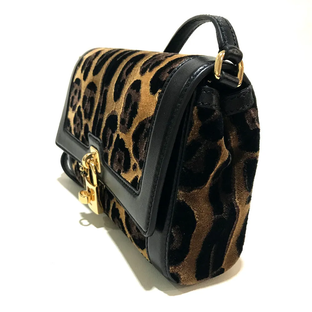 DOLCE&GABBANA Shoulder Bag Velvet / leather Black x brown Leopard print Leopard Flower Rock Metal Women Used