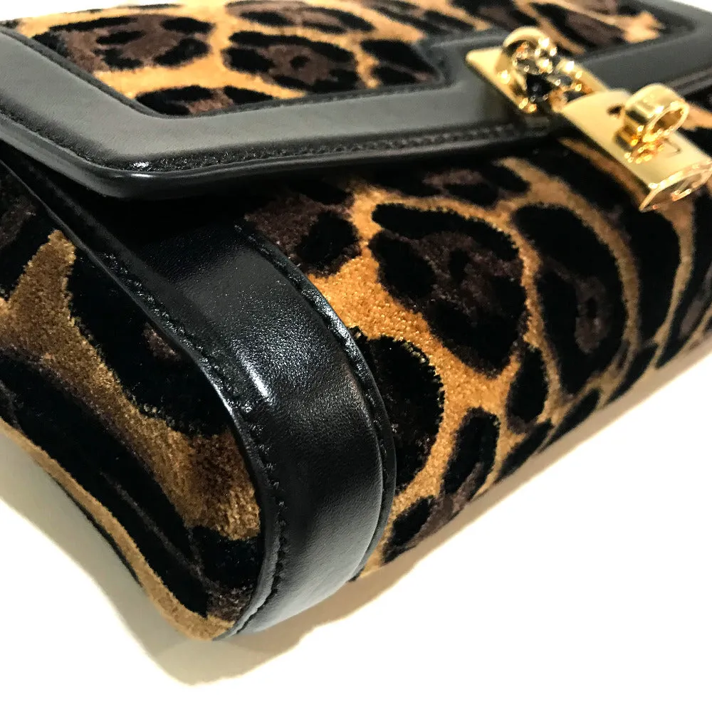 DOLCE&GABBANA Shoulder Bag Velvet / leather Black x brown Leopard print Leopard Flower Rock Metal Women Used