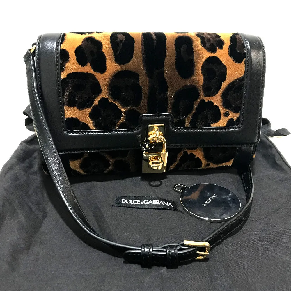 DOLCE&GABBANA Shoulder Bag Velvet / leather Black x brown Leopard print Leopard Flower Rock Metal Women Used