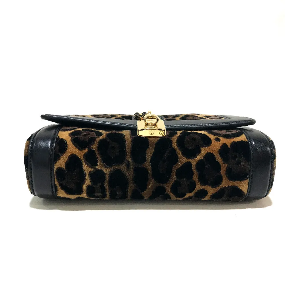 DOLCE&GABBANA Shoulder Bag Velvet / leather Black x brown Leopard print Leopard Flower Rock Metal Women Used
