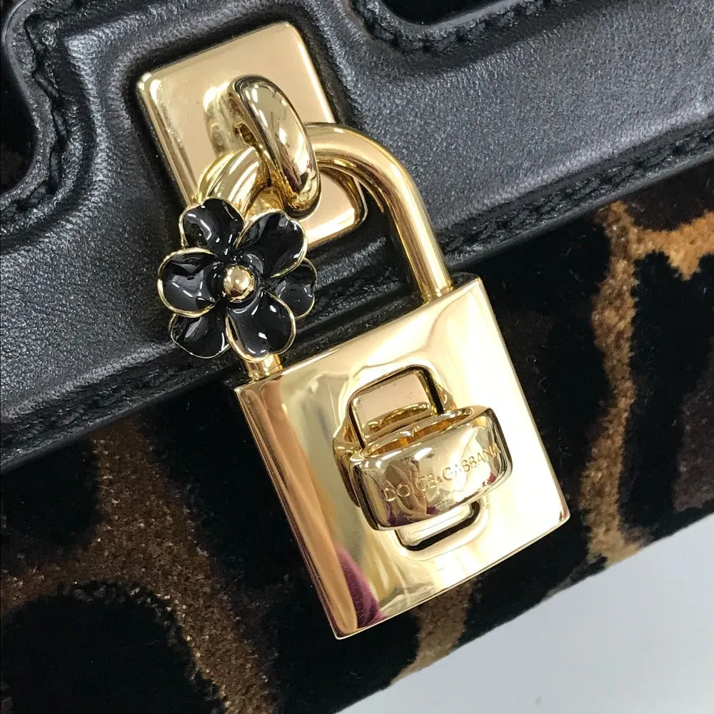 DOLCE&GABBANA Shoulder Bag Velvet / leather Black x brown Leopard print Leopard Flower Rock Metal Women Used