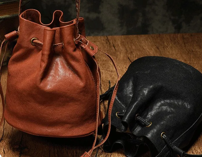 Fashion Leather Brown Bucket Shoulder Bag Barrel Purse With Tassels For Women