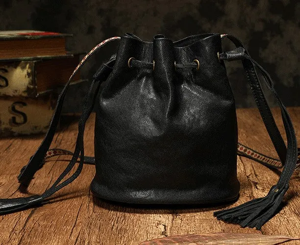 Fashion Leather Brown Bucket Shoulder Bag Barrel Purse With Tassels For Women
