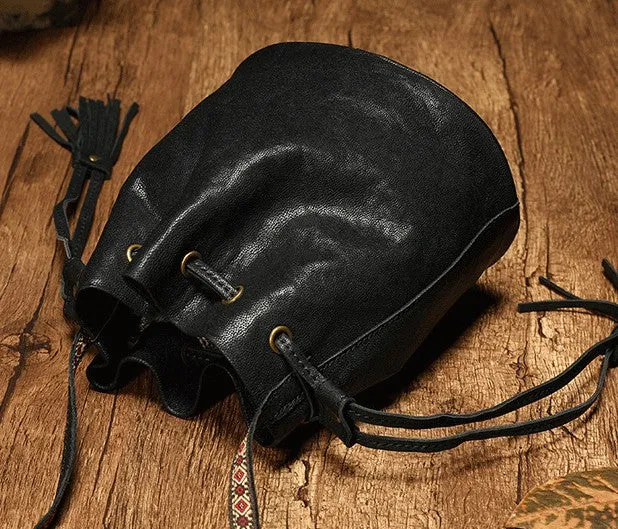 Fashion Leather Brown Bucket Shoulder Bag Barrel Purse With Tassels For Women
