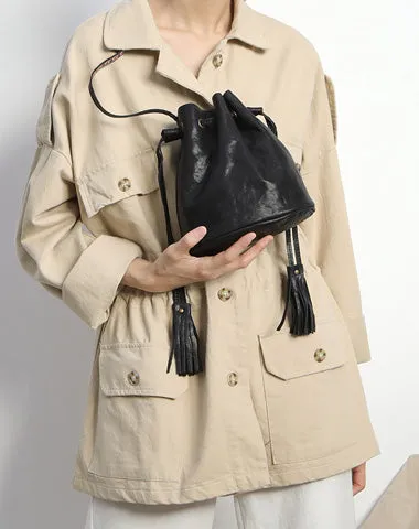 Fashion Leather Brown Bucket Shoulder Bag Barrel Purse With Tassels For Women