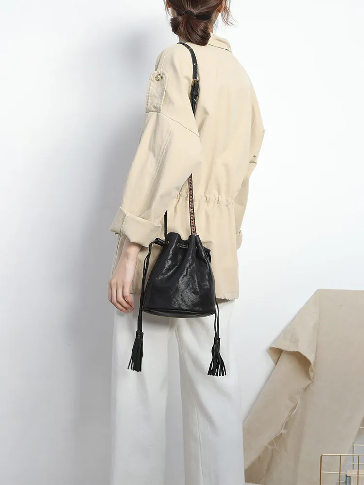 Fashion Leather Brown Bucket Shoulder Bag Barrel Purse With Tassels For Women
