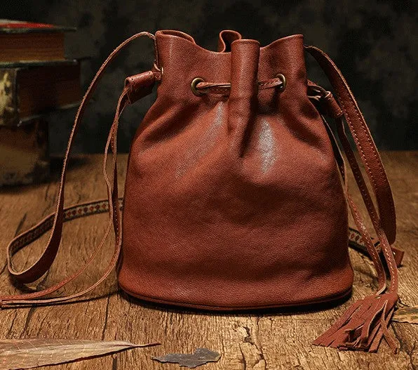 Fashion Leather Brown Bucket Shoulder Bag Barrel Purse With Tassels For Women