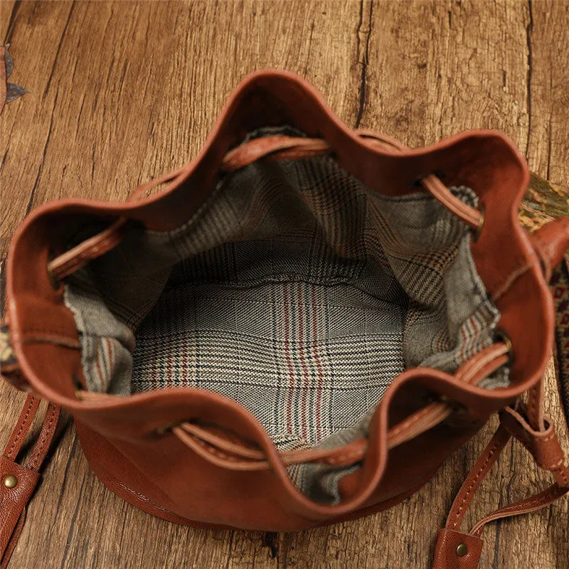Fashion Leather Brown Bucket Shoulder Bag Barrel Purse With Tassels For Women