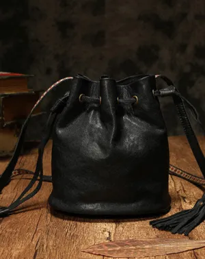 Fashion Leather Brown Bucket Shoulder Bag Barrel Purse With Tassels For Women