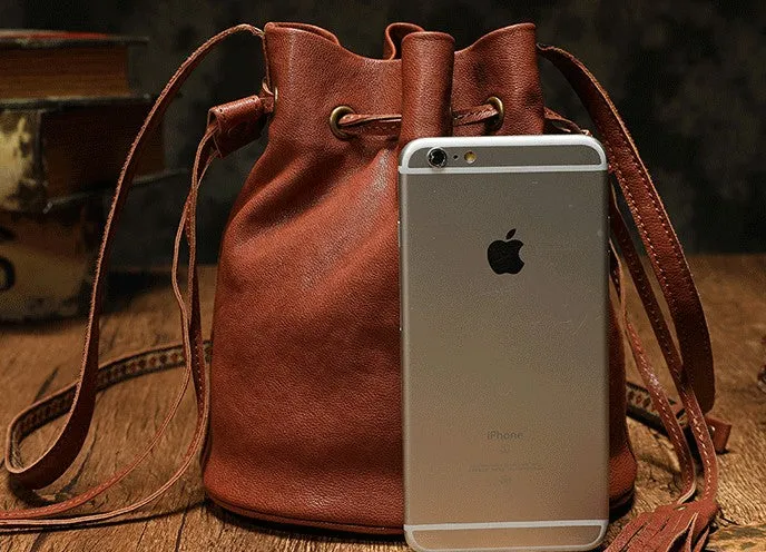 Fashion Leather Brown Bucket Shoulder Bag Barrel Purse With Tassels For Women