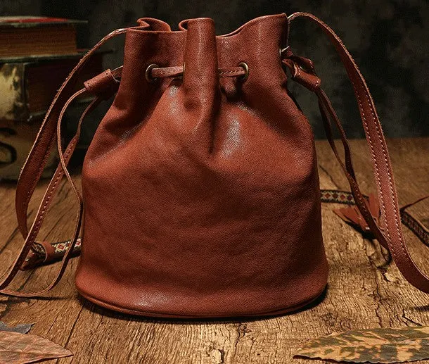 Fashion Leather Brown Bucket Shoulder Bag Barrel Purse With Tassels For Women