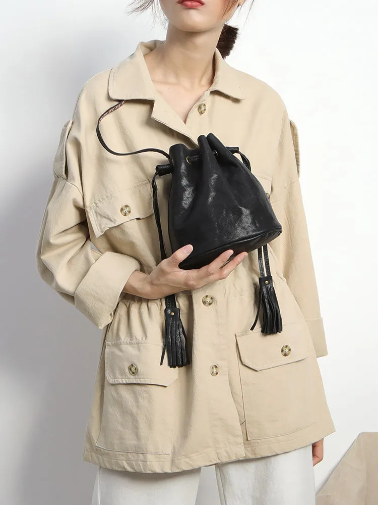 Fashion Leather Brown Bucket Shoulder Bag Barrel Purse With Tassels For Women