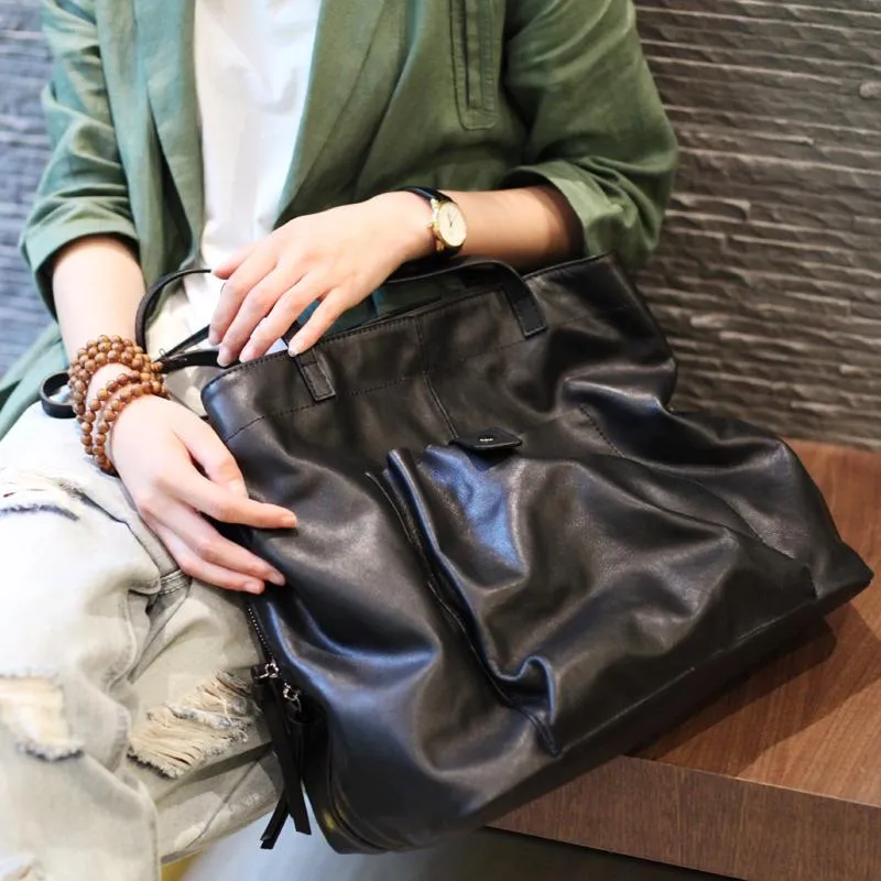 Fashion Womens Black Leather Large Horizontal Tote Bag Womens Black Shoulder Tote Bag