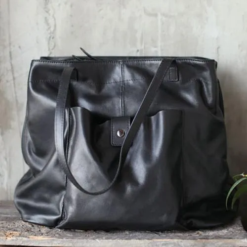 Fashion Womens Black Leather Large Horizontal Tote Bag Womens Black Shoulder Tote Bag