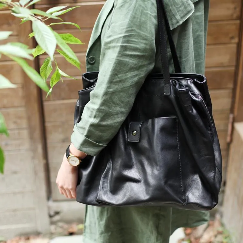 Fashion Womens Black Leather Large Horizontal Tote Bag Womens Black Shoulder Tote Bag
