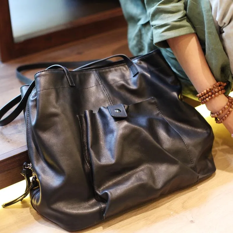 Fashion Womens Black Leather Large Horizontal Tote Bag Womens Black Shoulder Tote Bag