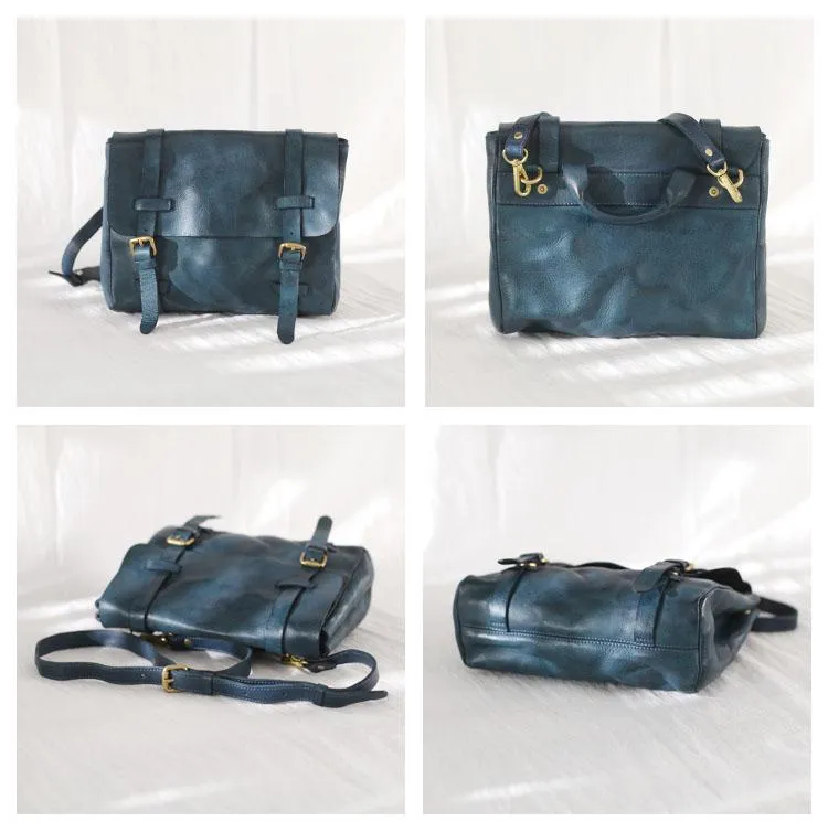 Fashion Women's Blue Leather Top Handle Satchel Handbag Brown Shoulder Bag Satchel Crossbody Purse